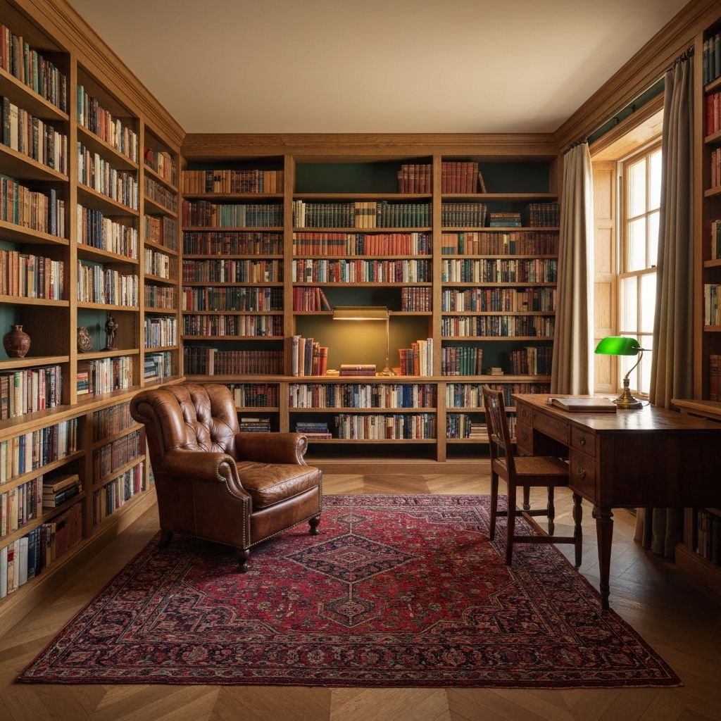 An elegant home library reimagined from a former dining room — floor-to-ceiling oak bookshelves, a leather chesterfield reading chair, deep ink-green walls and afternoon daylight.